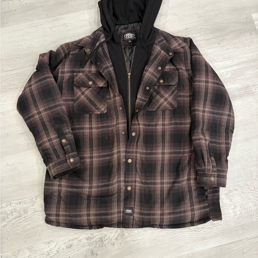 Men's Black and Brown Plaid Hooded Jacket